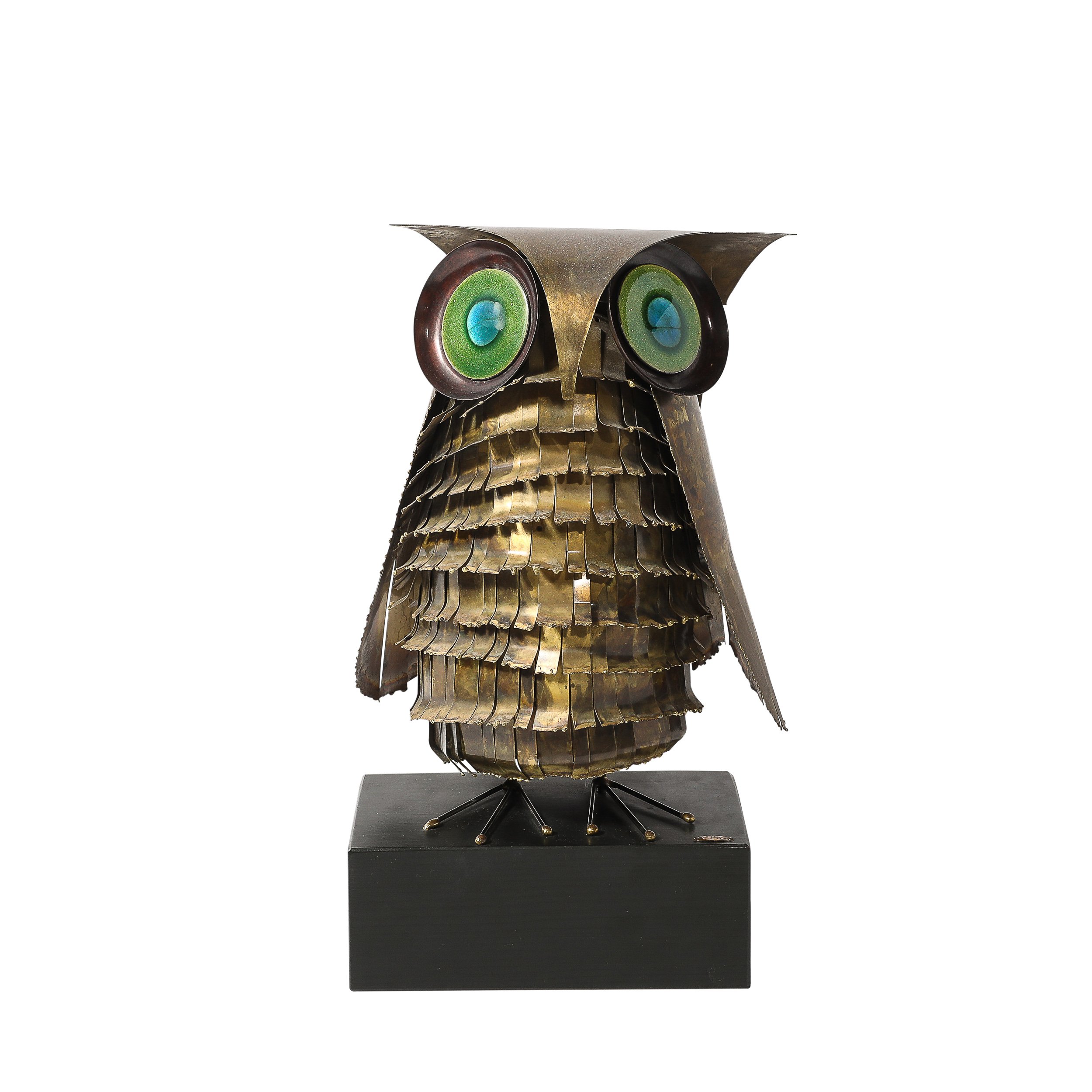 Mid-Century Antiqued Brass & Glass Owl Sculpture signed Curtis